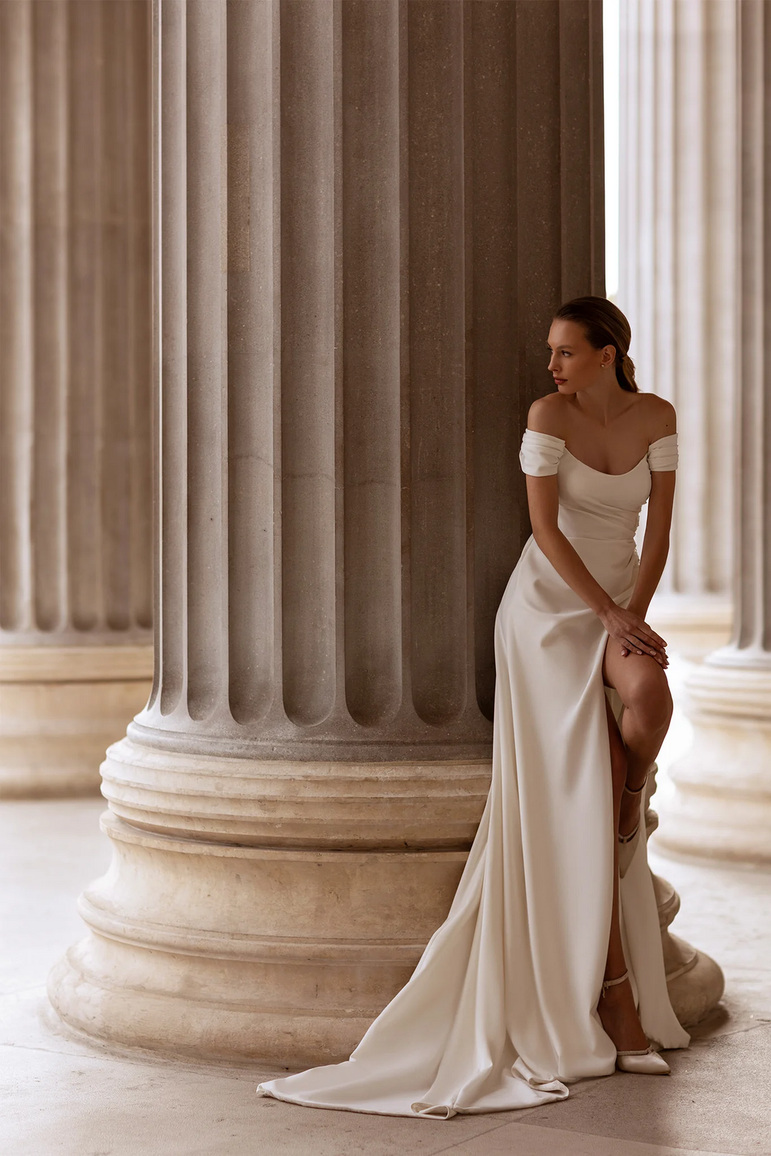 Off Shoulder Satin Wedding Dress with Optional Long Sleeves – Draped Bridal Gown with Lace Detail and Side Slit Plus Size