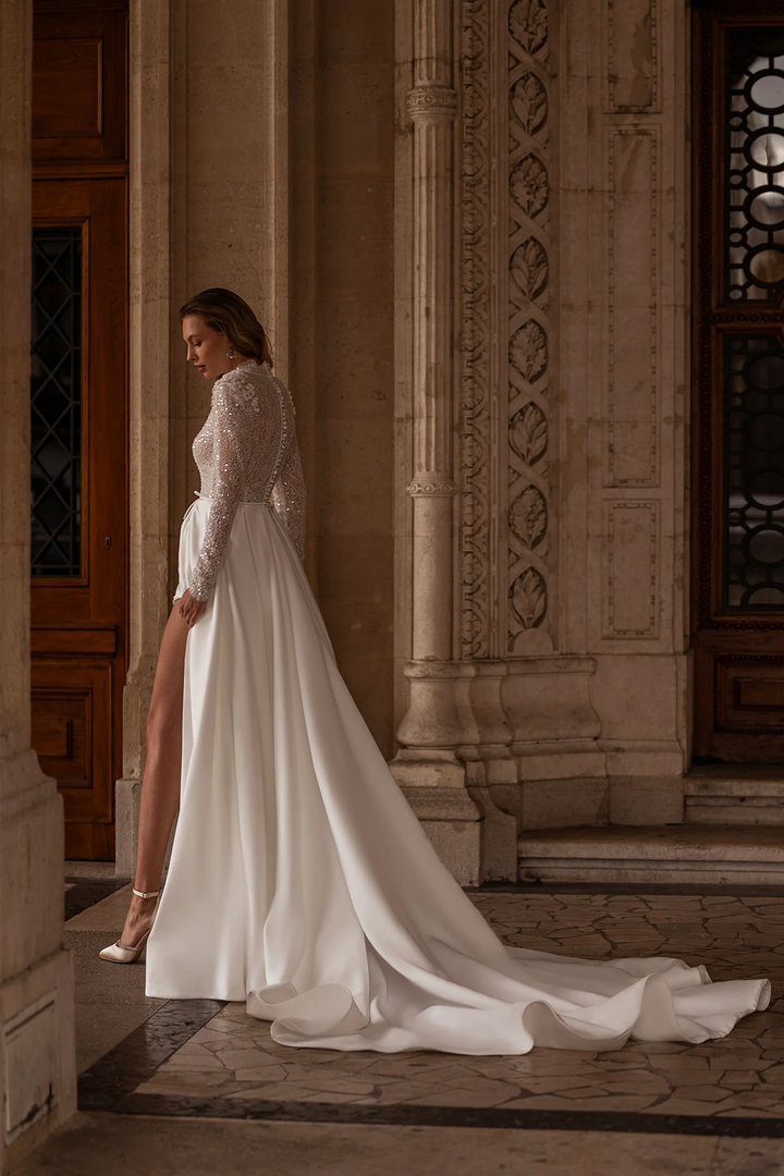 Satin Wedding Dress with Long Sleeves – Bodice Wedding Dress with Thigh Slit and Sequin Floral Details Plus Size