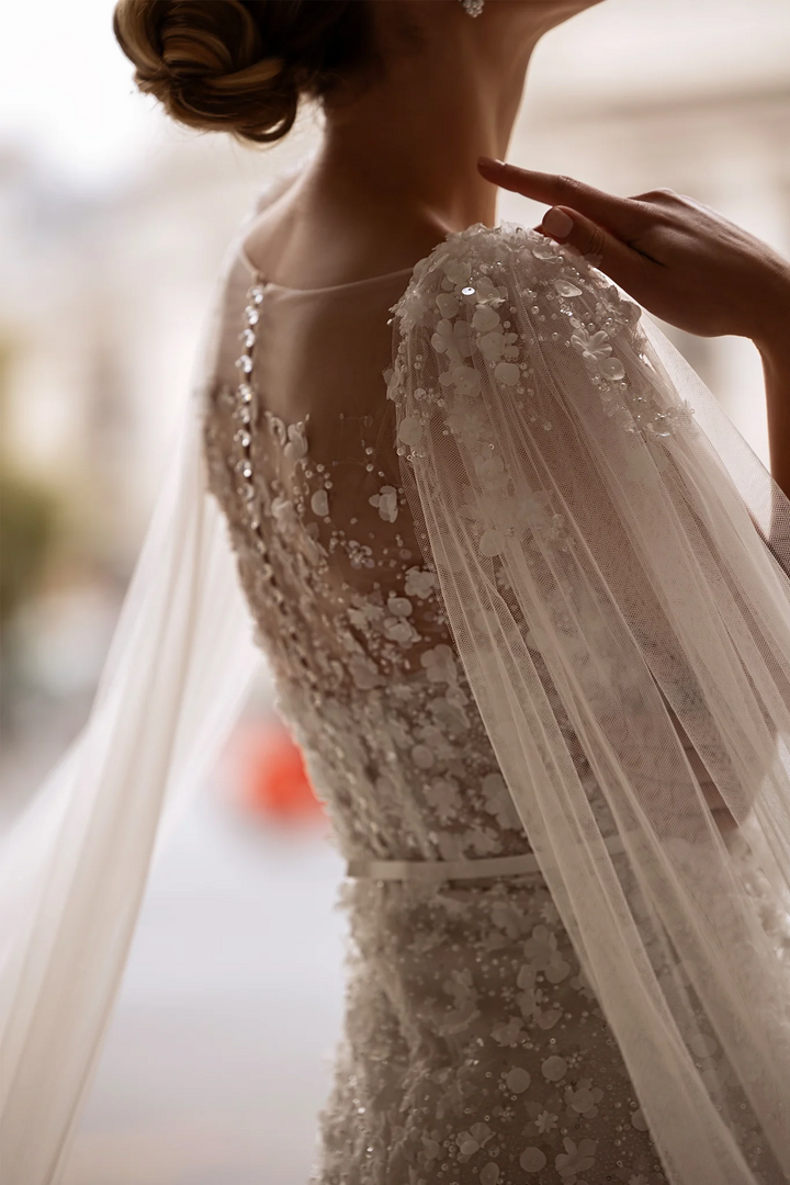 Lace Wedding Dress with Shoulder Veil – Floral Wedding Dress with Pearl Embellishments and Sheer Floral Bodice Plus Size