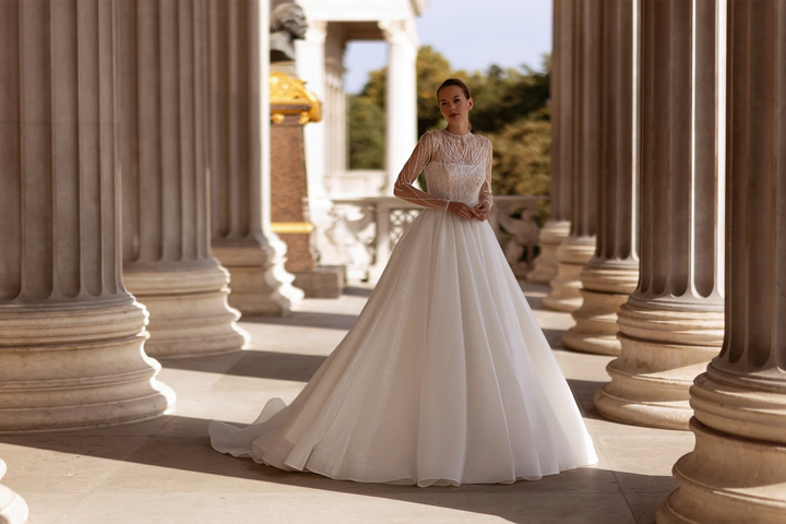 Ballgown Wedding Dresses with Sheer Long Sleeves – Crystal Wedding Dress with Sparkling Skirt and Classic Silhouette Plus Size