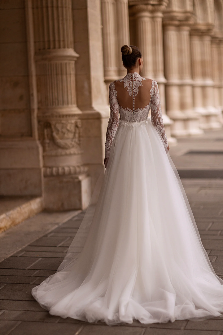 Straight Wedding Dress with Illusion Back – Lace Wedding Dress with Long Sleeves and Sheer Train Plus Size