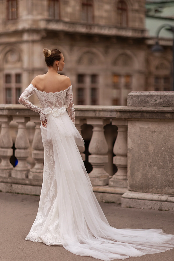 Off Shoulder Wedding Dress with Sweetheart Neckline – Straight Wedding Gown with Sheer Train and Floral Back Detail Plus Size