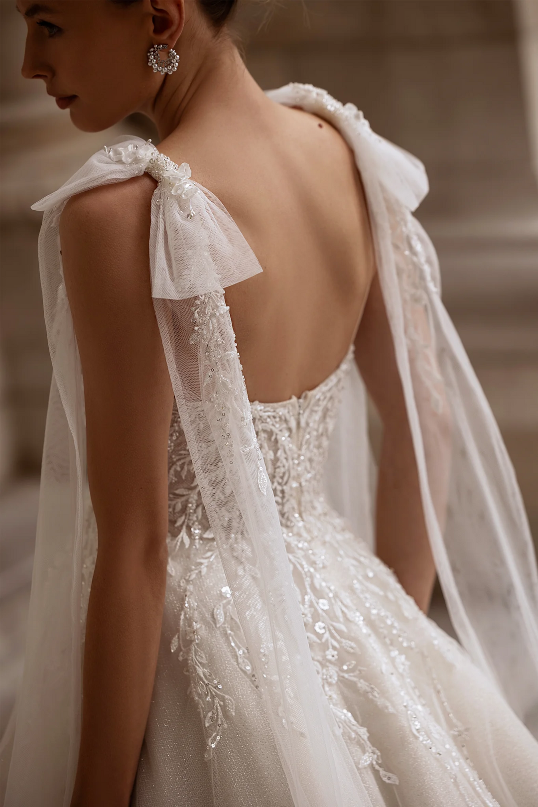 Sleeveless Wedding Dress with Shoulder Bows – V-Neck Bridal Gown with Floral Lace Bodice and Layered Chiffon Skirt Plus Size