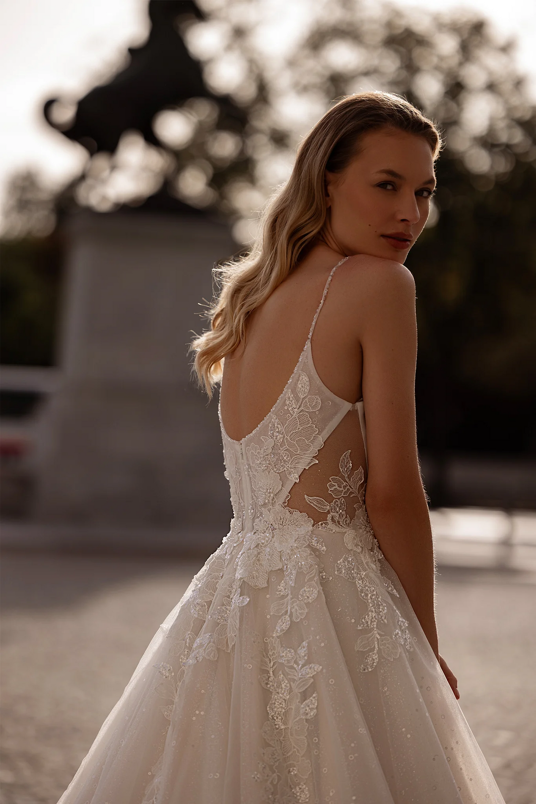 Spaghetti Strap Wedding Dress with Sparkling Lace – A-Line Wedding Dress with Sheer Back and Layered Chiffon Skirt Plus Size