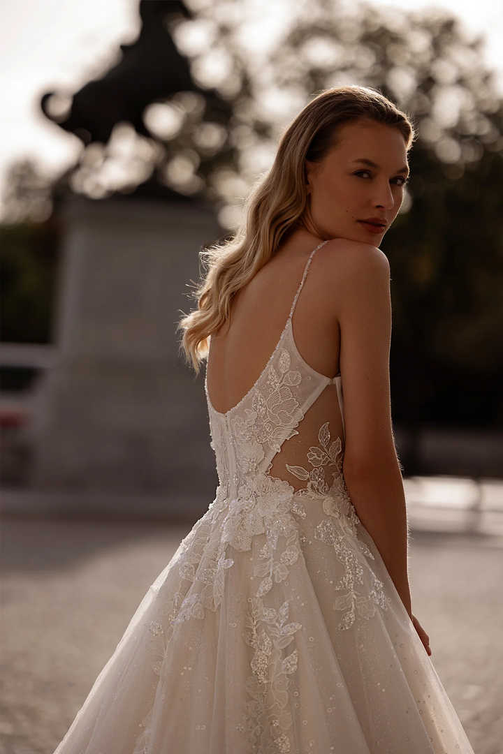 Spaghetti Strap Wedding Dress with Sparkling Lace – A-Line Wedding Dress with Sheer Back and Layered Chiffon Skirt Plus Size