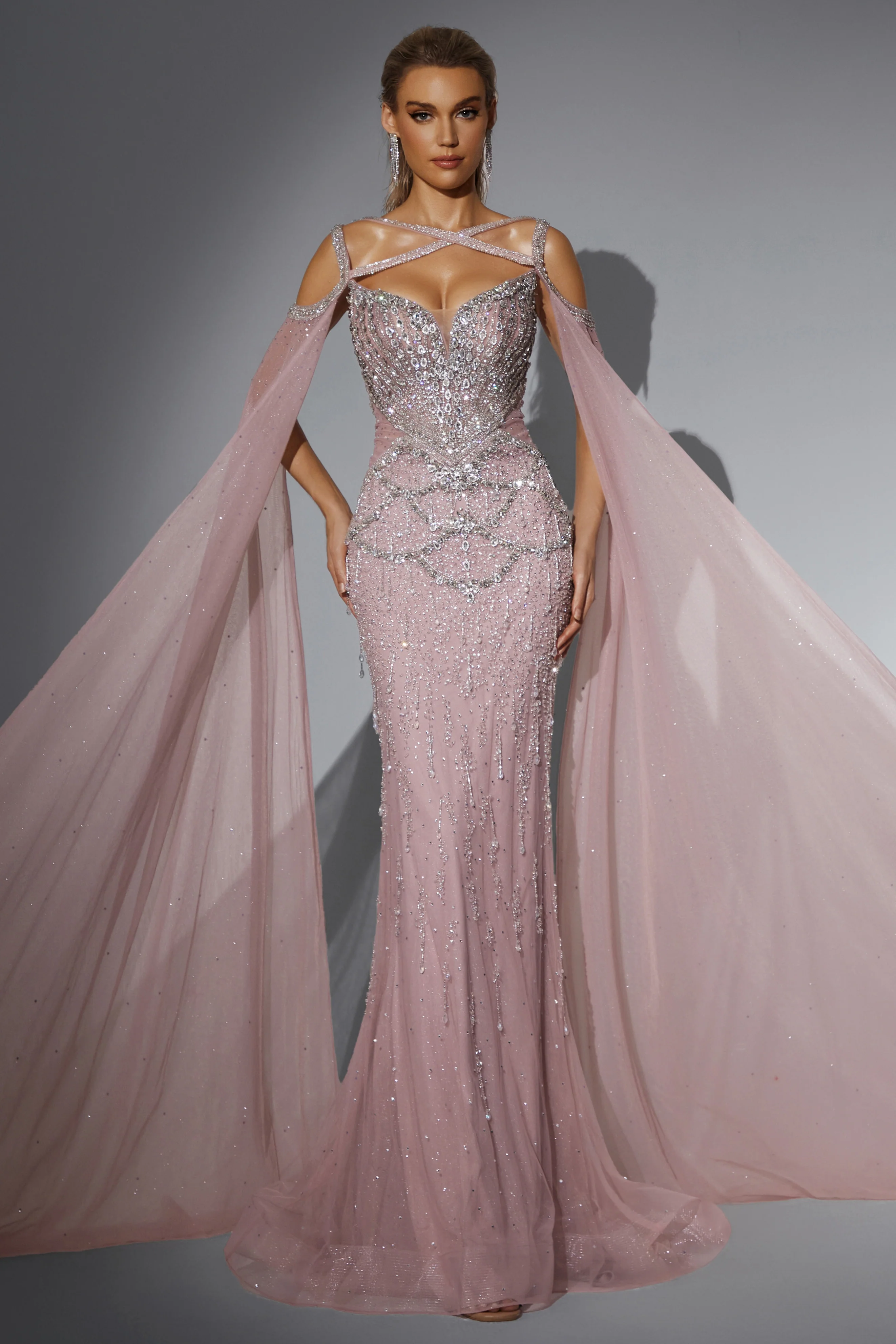 Blush Cape Sleeve Quiz Bridesmaid Dresses Pink Pink Floral Lace  Off-the-Shoulder Ball Gown With