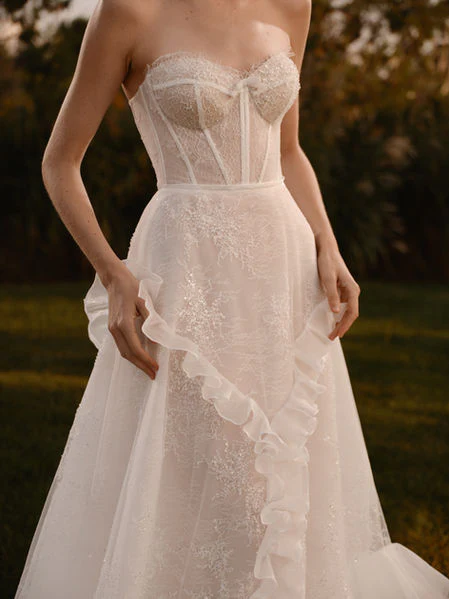 Floral Wedding Gown with Sequin Chantilly Lace – A-Line Wedding Dress with Cascading Ruffles - Strapless Wedding Dress Plus Size - Aurora