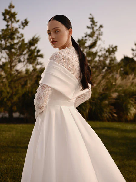 Mermaid Wedding Gown with Mikado Corset and Convertible Overskirt – Long Sleeves Wedding Dress with High Neck Plus Size - Eliana