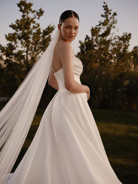 Simple Ivory Wedding Gown with Sculpted Bodice - Simple Wedding Dress with Embroidered Pearl Beading – Long Wedding Gown Train Plus Size - Helia