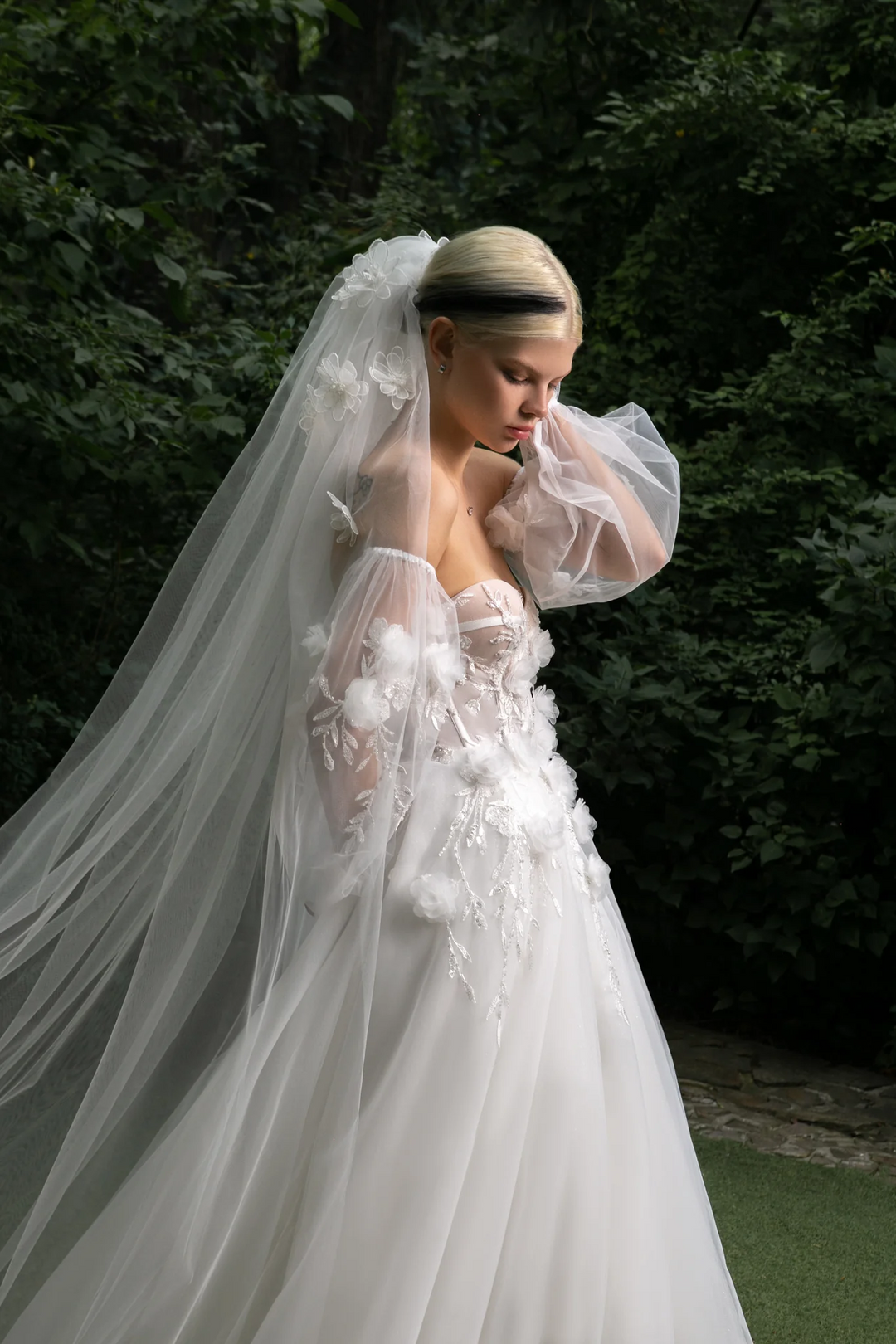 Ivory Tulle Wedding Gown with 3D Flowers – Applique Wedding Dress with Convertible Sleeves and Elegant Train Plus Size - Madalyn
