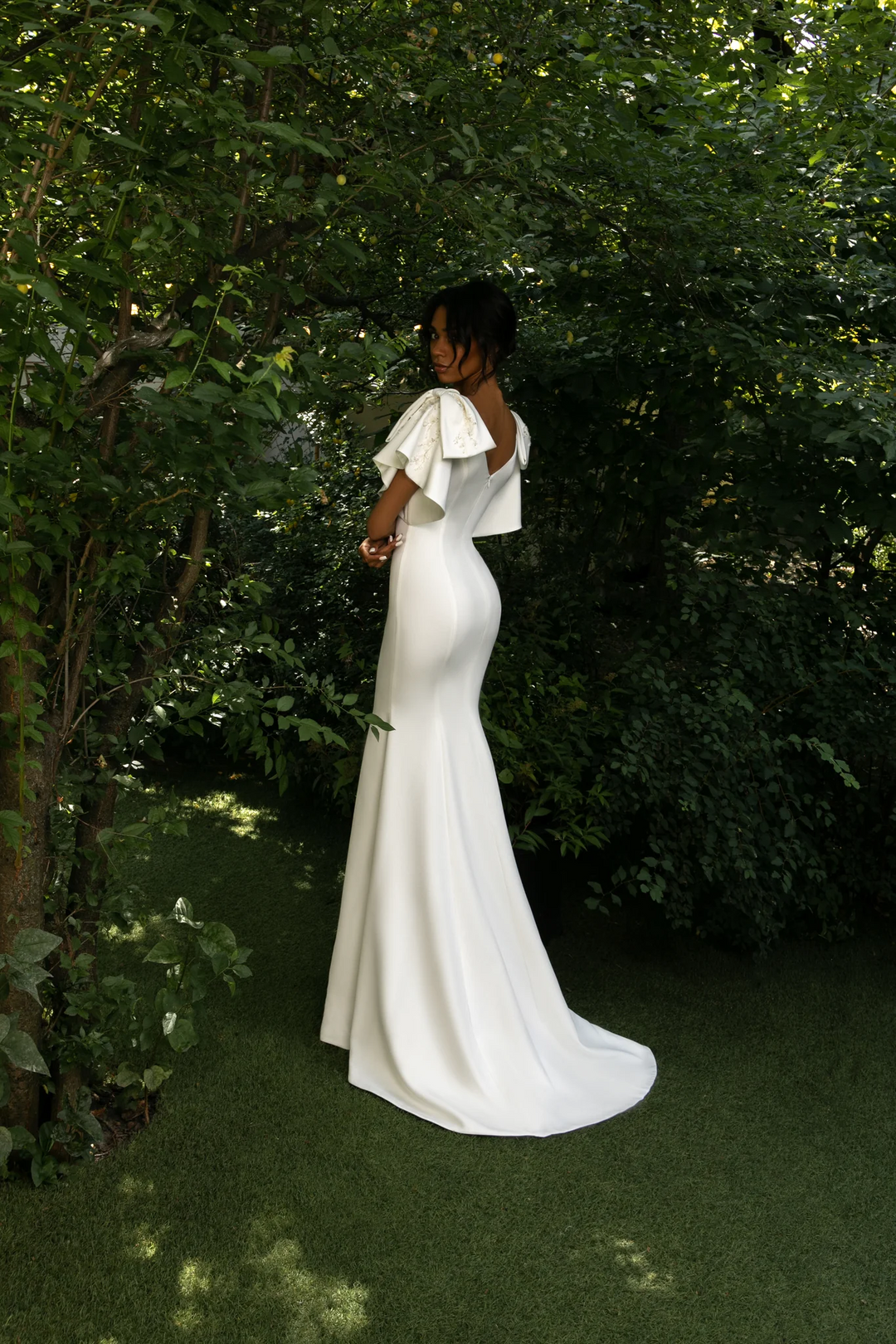 Elegant Mermaid Wedding Gown with Bell Sleeves and Removable Lace Bows – Chiffon Wedding Dress with V-Shaped Back Plus Size - Margot