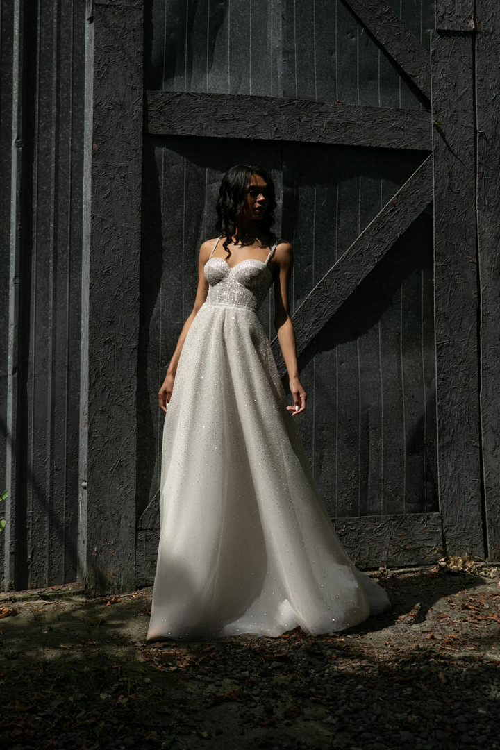 Sparkly Ball Gown Wedding Dress with Sweetheart Corset – Spaghetti Strap Wedding Dress with Detachable Sleeves Plus Size - Megan