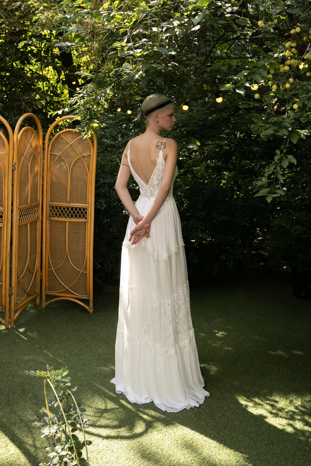 Ivory Boho Wedding Dress with Spaghetti Strap – Plunge Neck Wedding Dress with Chiffon Skirt and Lace Plus Size - Merida