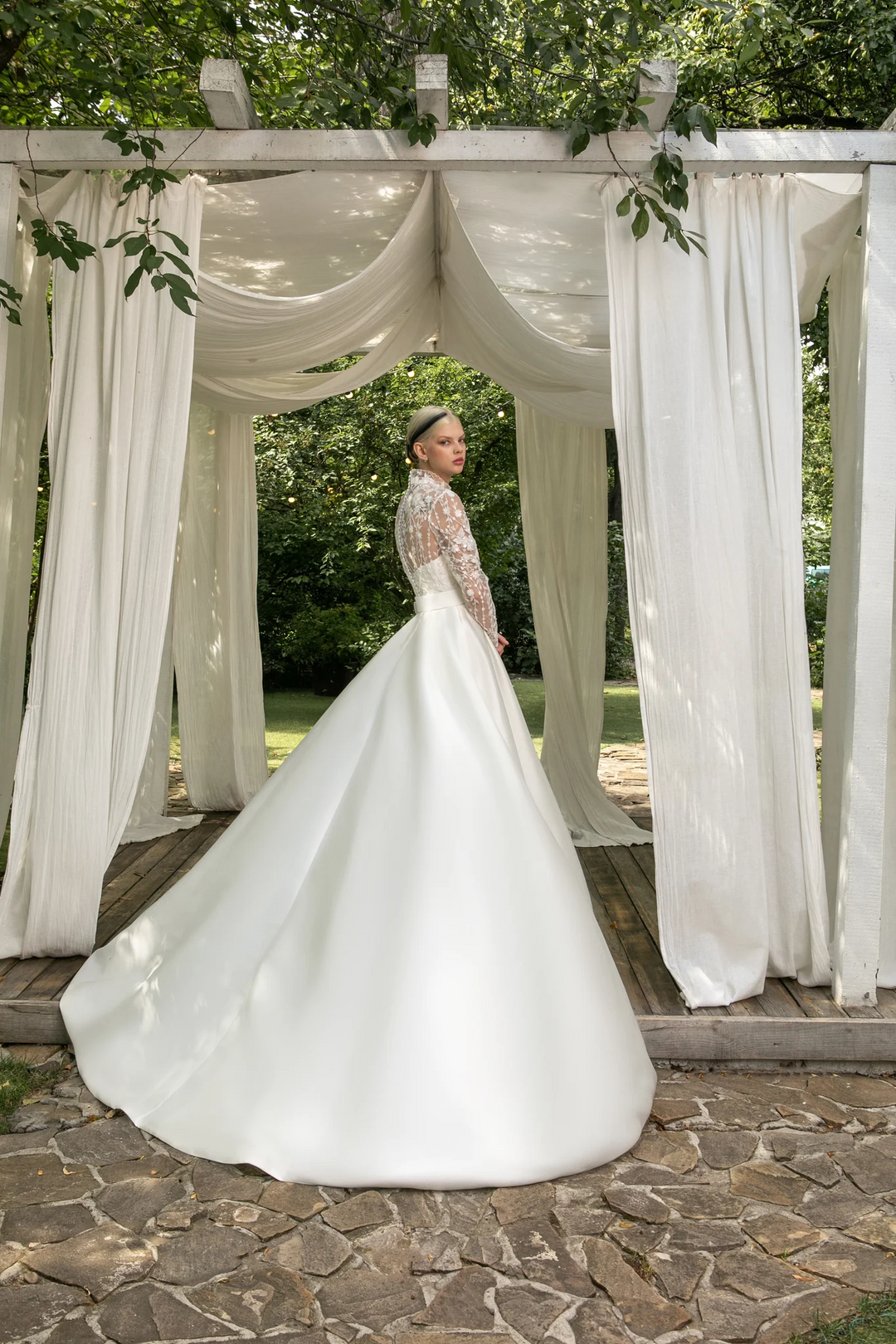 Elegant Ivory A-Line Wedding Gown with High-Neck Lace Bodice – Long Sleeves Wedding Dress with Floral Appliques Plus Size - Miranda