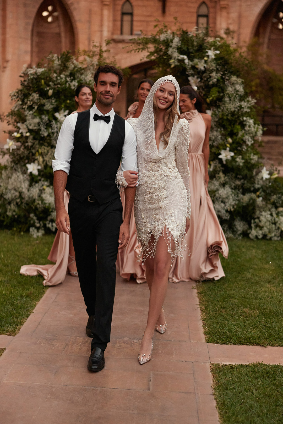 Ivory Short Wedding Party Dresses with Beaded - Lace Wedding Gown Long Sleeve with Cowl Neckline Plus Size