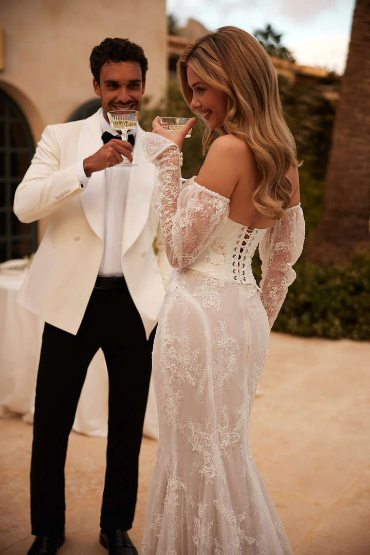 Nude Off Shoulder Wedding Dress with Sheer Lace Sleeves - Lace Corset Back Wedding Dress Plus Size