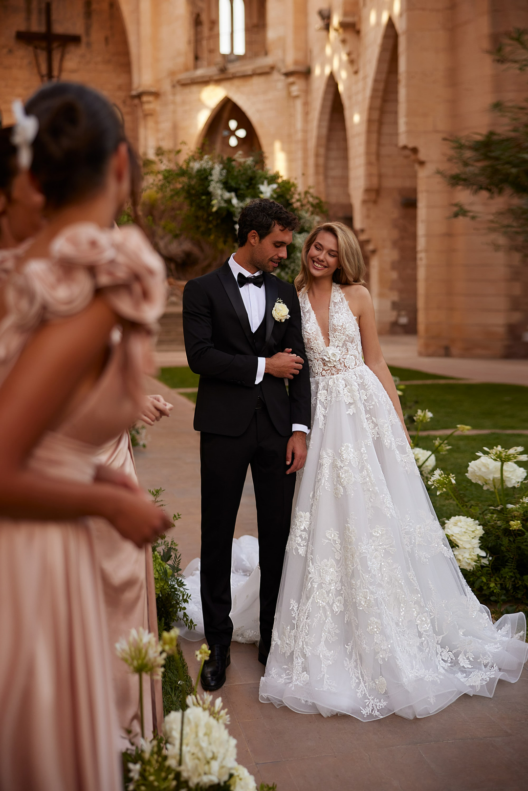 Ivory A Line Ball Gown Wedding Dress with Plunging Halter Neck - Wedding Dress with Tullea with 3D Floral Lace Plus Size