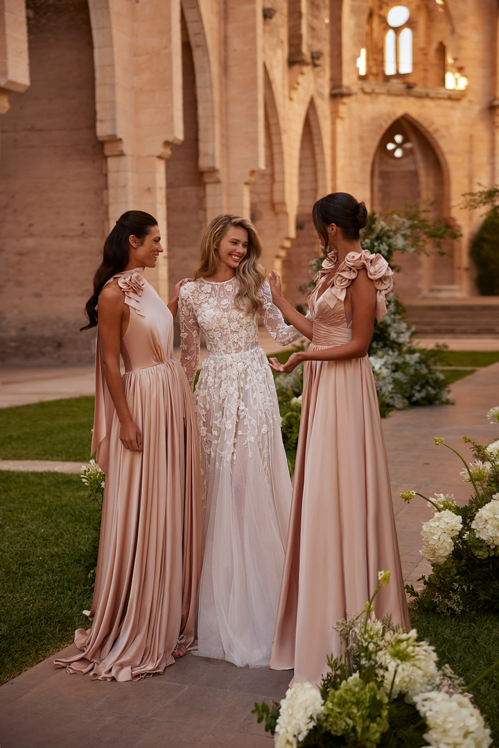 Nude Floral Wedding Dress with 3D Lace Appliqué - Long Sleeves Wedding Gown with Tulle Plus Size