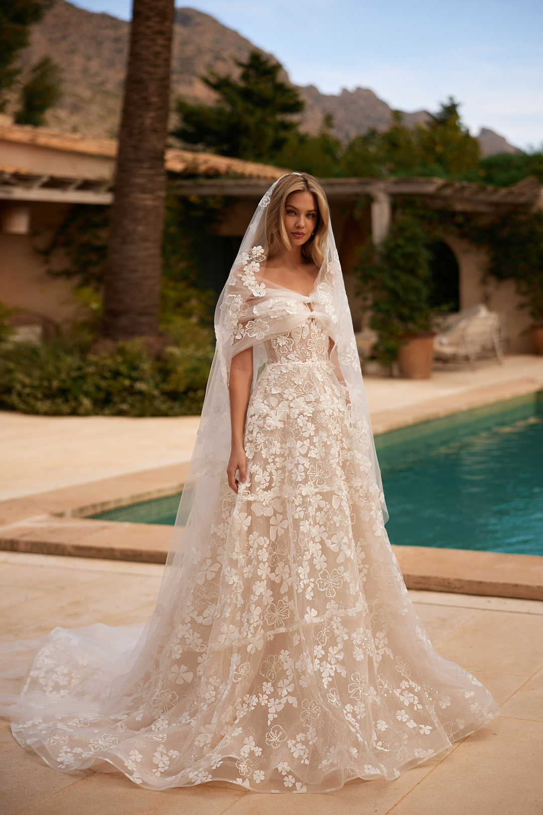 Nude Floral Wedding Dress with Sheer Strapless Bodice and Tulle Cape –  A-Line Wedding Ball Gown with 3D Appliqué Plus Size