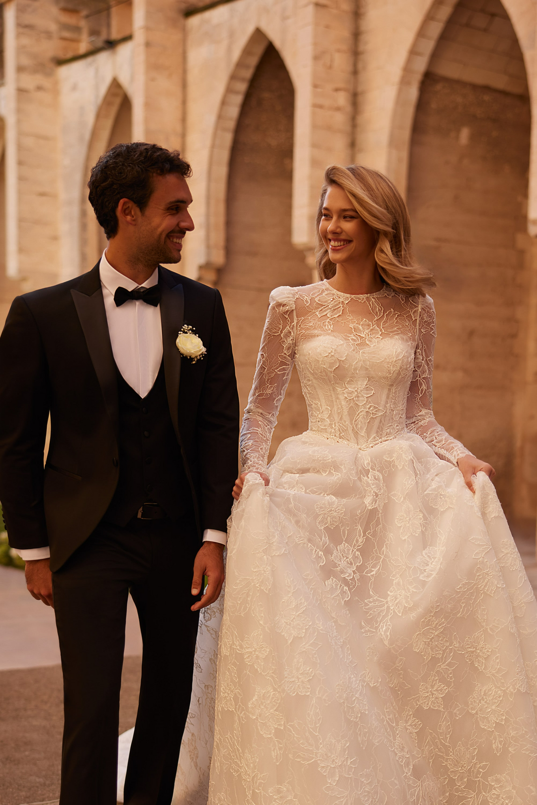 Ivory Lace Wedding Gown Long Sleeve with Lace Bodice – Classic Wedding Gown with Crew Neckline and Train Plus Size