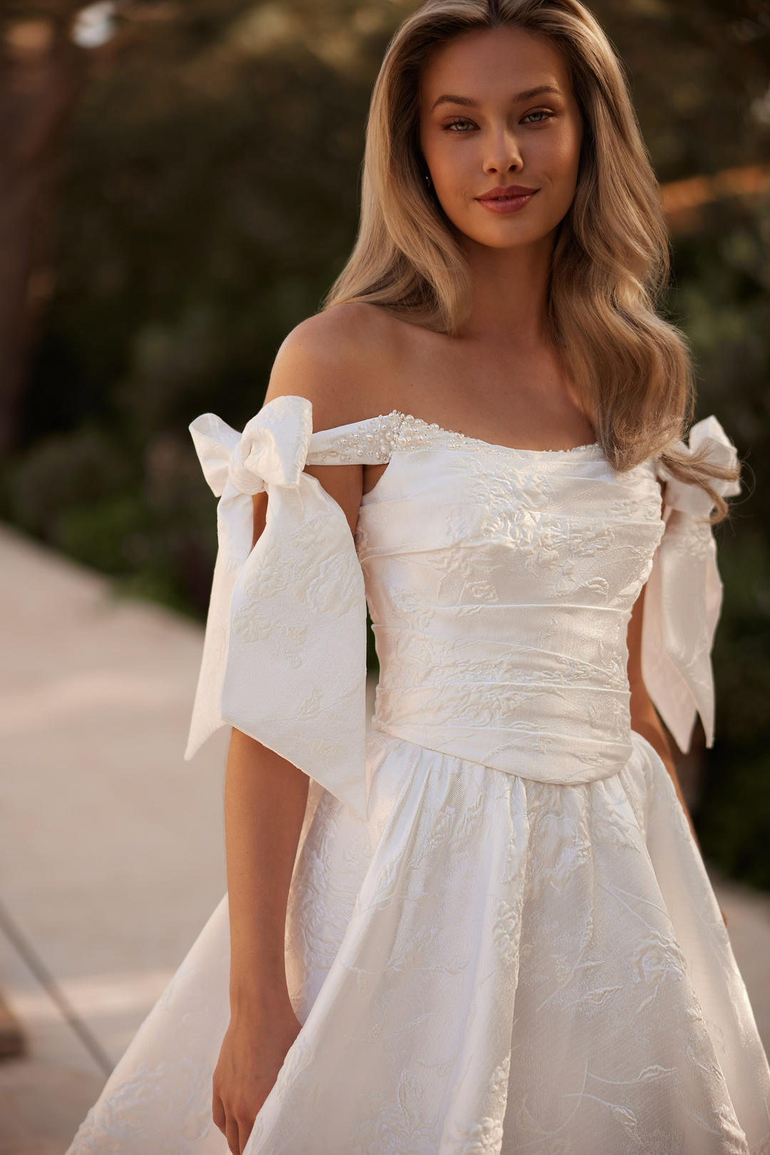 Ivory Off Shoulder Wedding Dress with Bow Sleeves – Jacquard A Line Wedding Gown with Corset Back Plus Size
