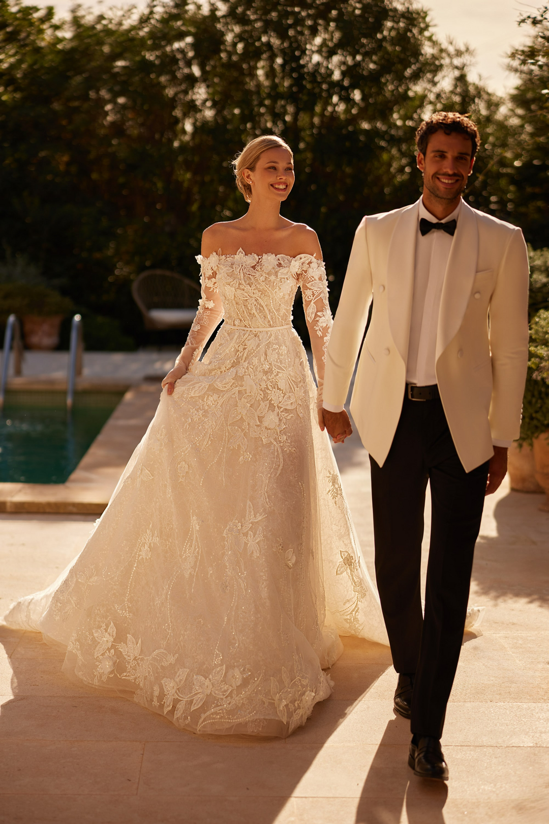 Nude Off Shoulder Wedding Dress with Long Sleeves – Embellished Wedding Dress with Lace Bodice Plus Size