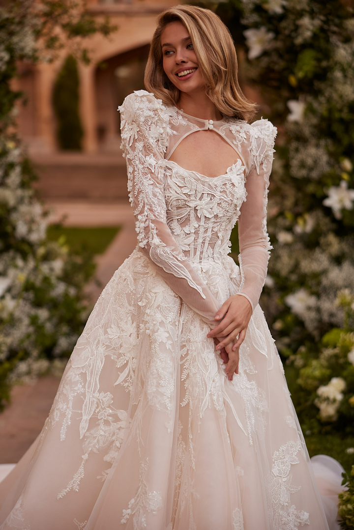 Nude Long Sleeve Wedding Dress with Floral Lace Appliqué – Convertible Wedding Dress with Illusion Neckline Plus Size