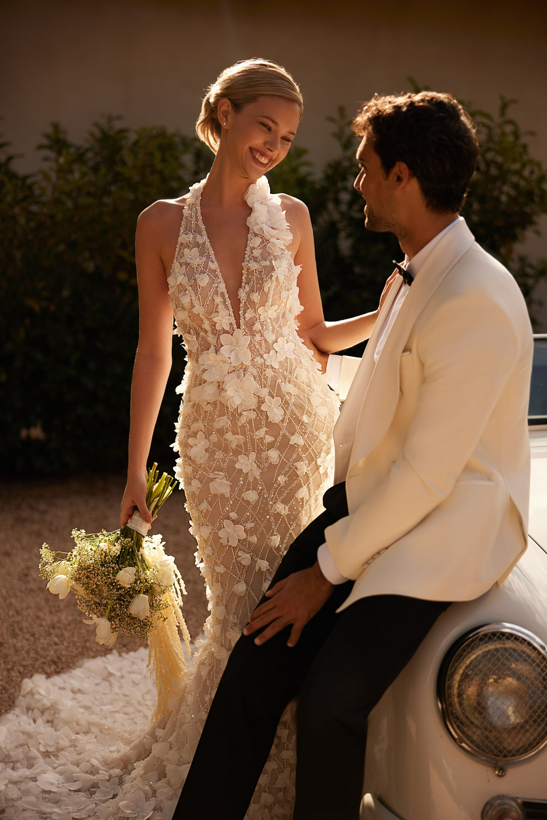 Nude Backless Halter Neck Wedding Dress with Plunging Neckline – 3D Floral Mermaid Wedding Gown with Sleeveless Plus Size