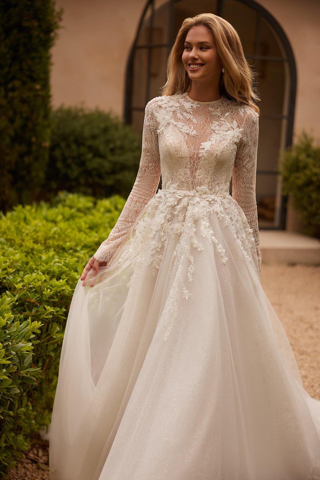 Long Sleeve Wedding Dress with Illusion Lace Bodice – Lace Appliqué Wedding Dress with Crew Neckline Plus Size