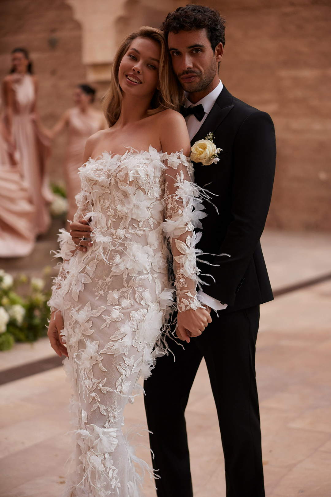 Nude Floral Wedding Dress with Long Sleeves – Off Shoulder Wedding Gown - Lace Mermaid Wedding Gown with 3D Appliqué Plus Size