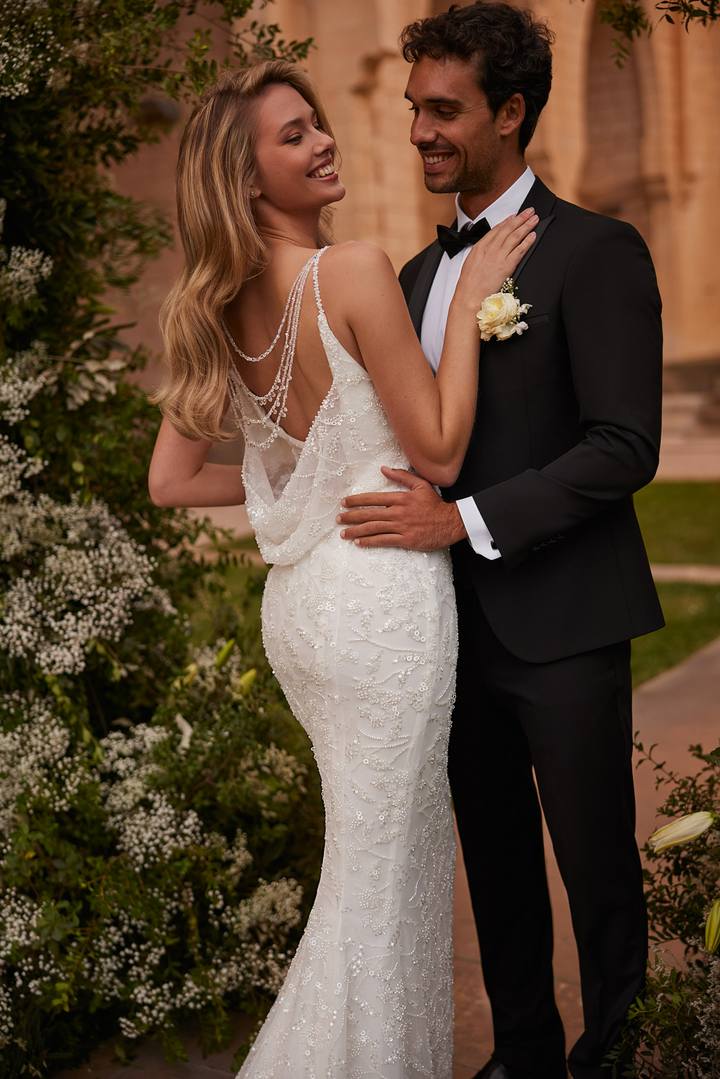 Ivory Mermaid Wedding Dress with Spaghetti Straps – Beaded Cowl Back Wedding Gown with Train Plus Size