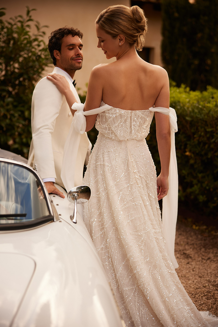 Off Shoulder Wedding Dress with Thigh High Slit – Beaded A-Line Wedding Gown with Convertible Sleeves Plus Size