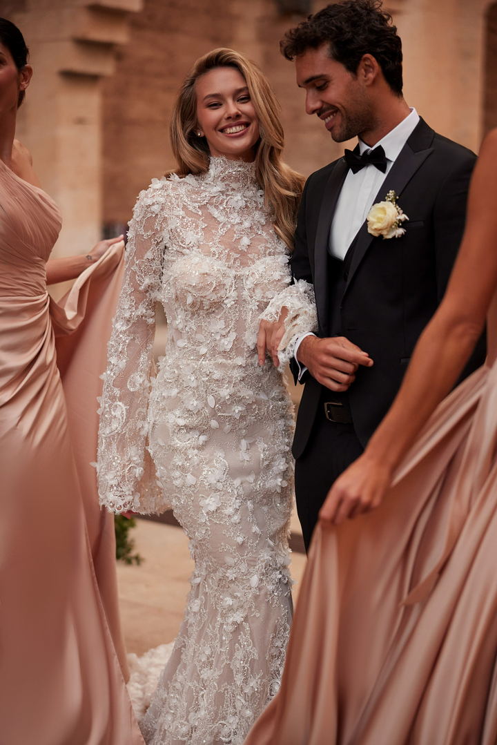 High Neck Long Sleeve Wedding Dress with 3D Floral – Lace Mermaid Wedding Gowns with Sleeves and Sheer Bodice Plus Size