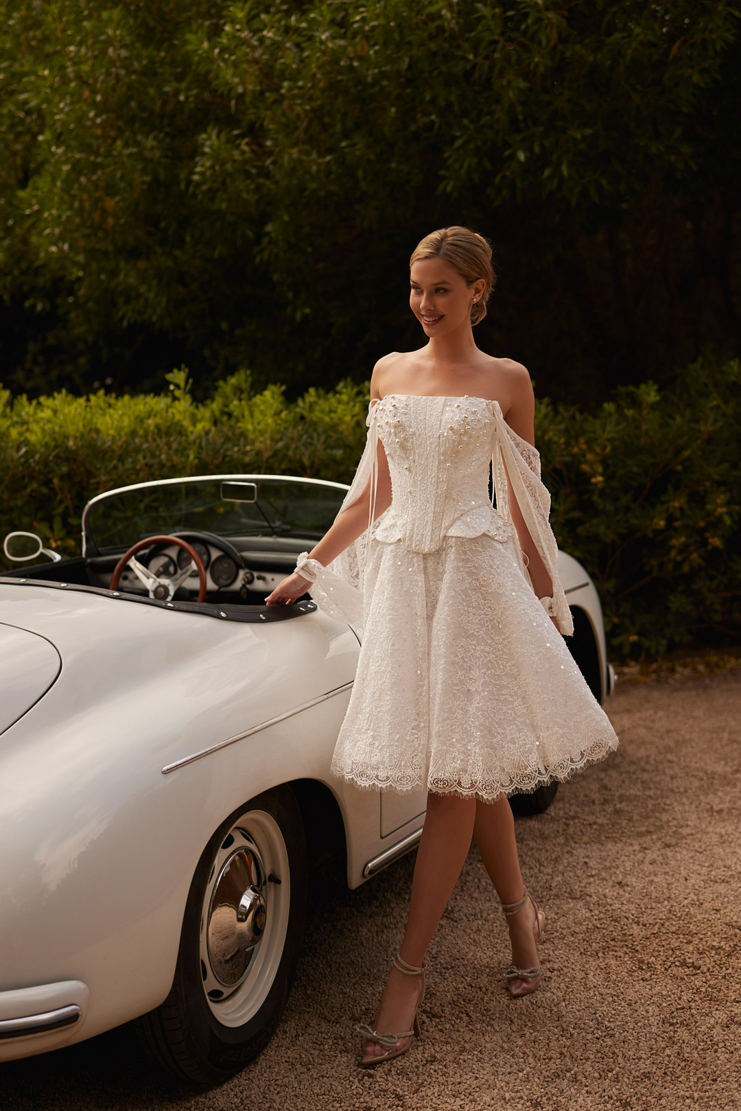 Ivory Tea Length Wedding Dress with Sleeves and Lace Corset – Sequin Wedding Dress with Convertible Sleeves Plus Size