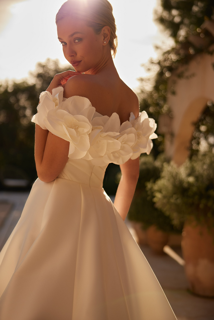 Ivory Satin Wedding Dress with 3D Floral Design – Off Shoulder Ball Gown Wedding Dress with Structured Pleats Plus Size