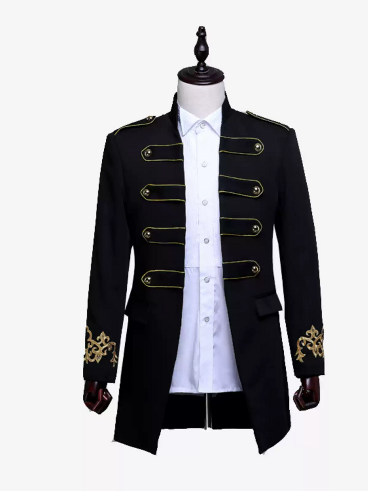 Black Military Regency Mens Tailcoat – Long Formal Jacket with Gold Embroidered Cuffs and Shoulder Detail Plus Size