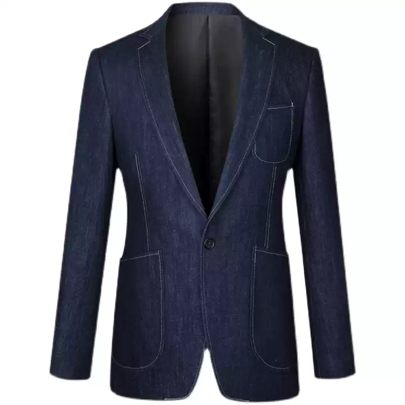 Mens Denim Blazer Jacket in Dark Indigo with Patch Pockets and Notch Lapel Plus Size