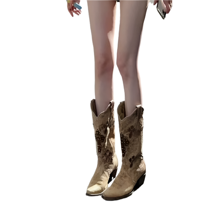 Vintage-Inspired Brown Western Cowgirl Boots with Embroidered Cutouts – Handmade Pointed Toe Boots