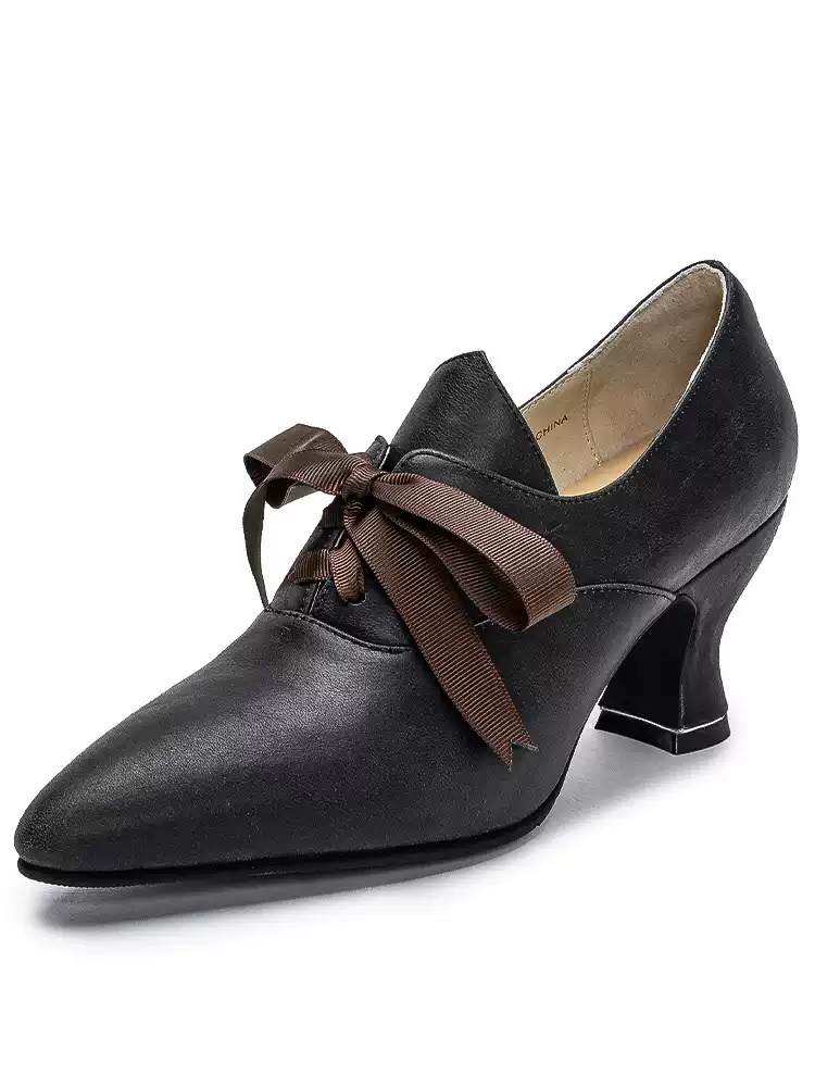 Handmade Gothic Black Matte Genuine Leather Victorian Lace-Up Heels US 5 (EUR 35) / Black