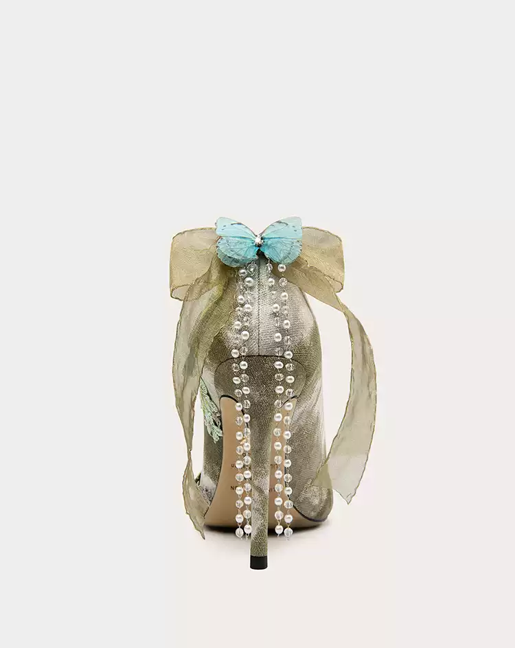 Lolita-Inspired Green Butterfly and Tassel High Heels for Fairy Aesthetic