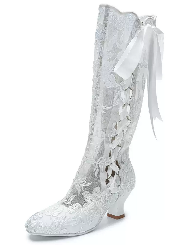 Handmade Victorian White Lace Lambskin Leather Boots with Satin Ribbon