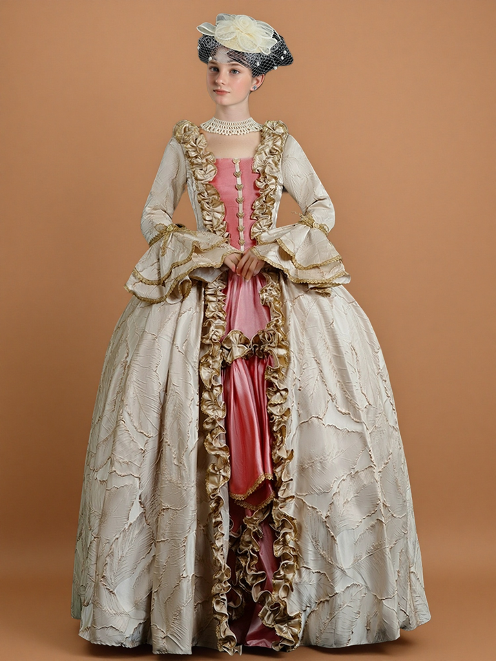 Marie Antoinette Rococo Style Dress in Cream and Rose Pink with Ruffle Trim and Lace Sleeves – Victorian Ball Gown Plus Size