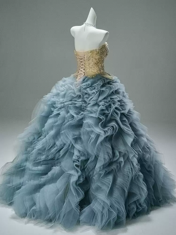 Blue and Gold Evening Dress with Embellished Corset – Layered Tulle Ruffle Dress with Lace-Up Back Plus Size