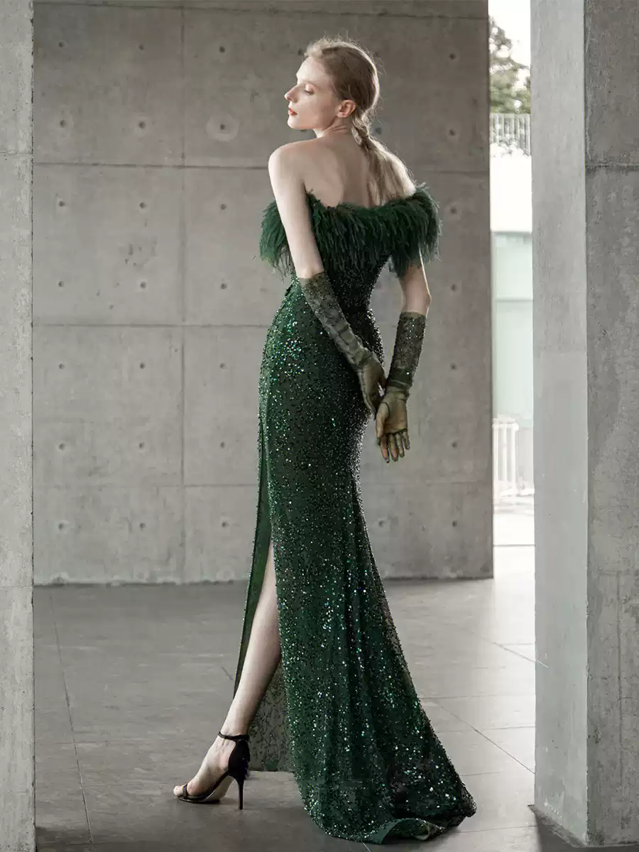 Green Off-the-Shoulder Sequin Evening Gown – Sequin and Feather Dress with High Slit Plus Size