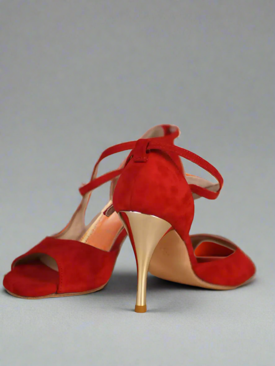 Handmade Tango Cowhide Leather Latin Dance Shoes in Red Suede with Gold High Heels