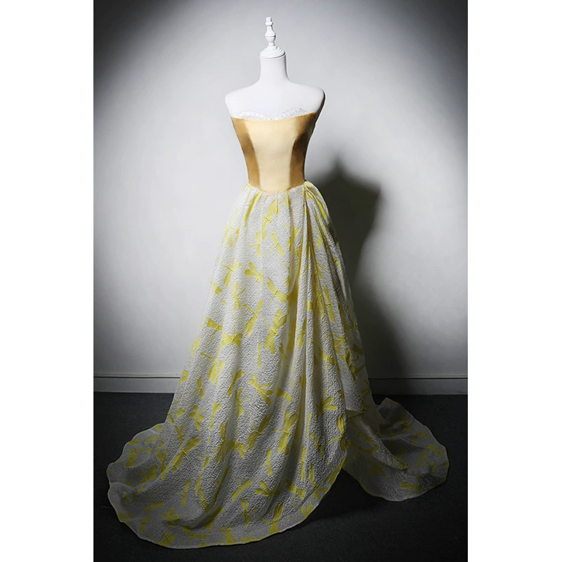Yellow Evening Dress with Lace-Up Back - Yellow Evening Gown with Flowing Skirt