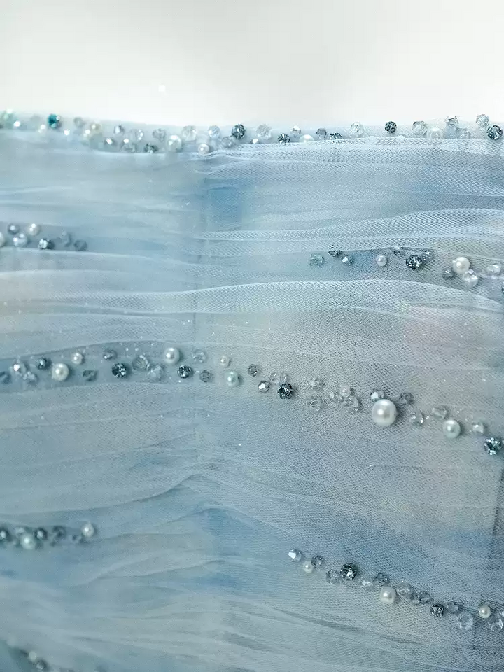 Light Blue Strapless Evening Dress with Beading – Corset Evening Dress with Lace-Up Back Plus Size