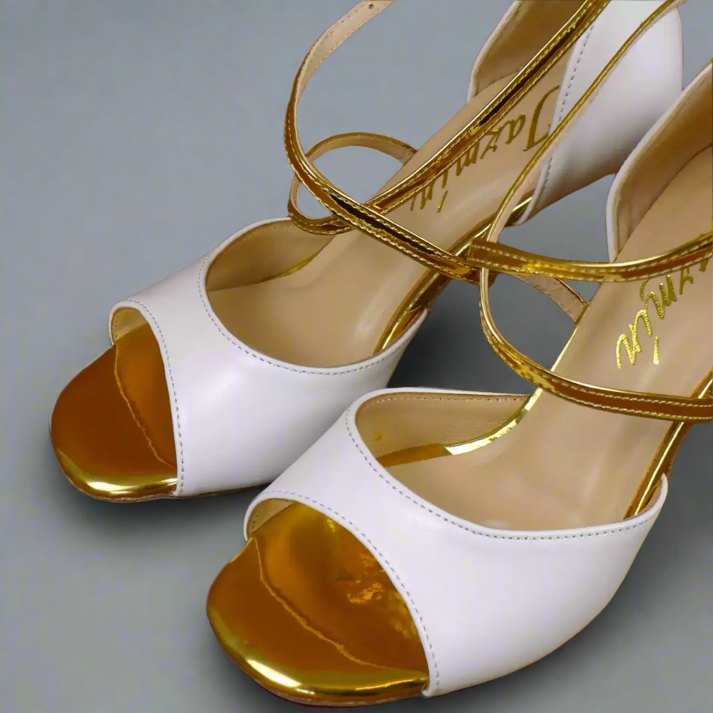 Handmade Tango Cowhide Leather Gold Latin Dance Shoes with White Leather Upper – Latin Dancing Shoes for Women