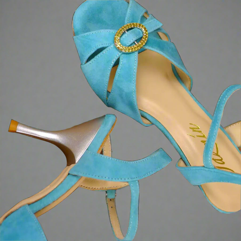 Handmade Tango Cowhide Leather Blue Latin Dance Shoes Low Heel with Rhinestone Buckle and Open Toe