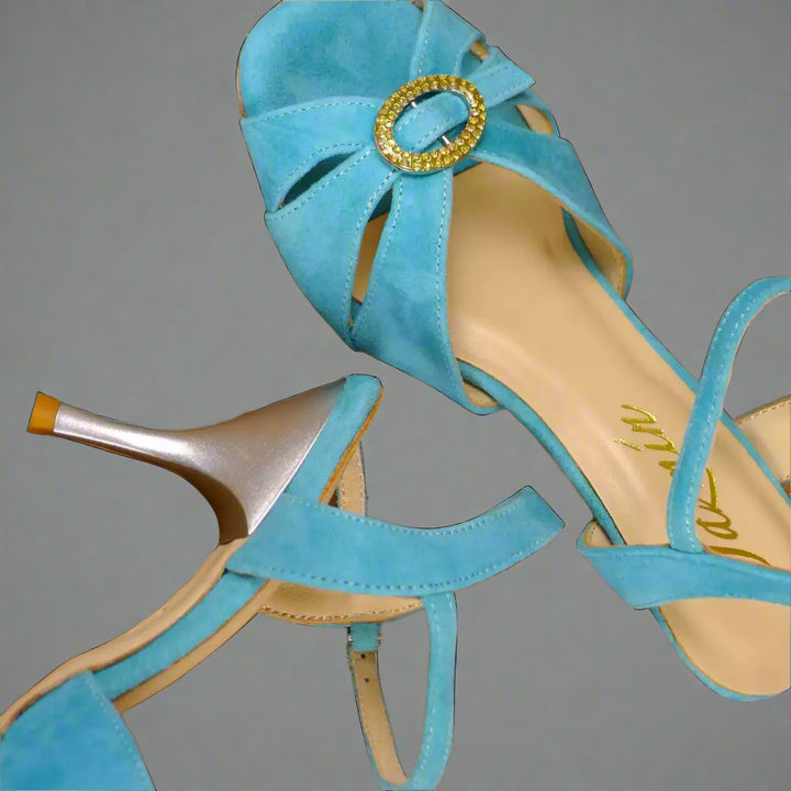 Handmade Tango Cowhide Leather Blue Latin Dance Shoes Low Heel with Rhinestone Buckle and Open Toe